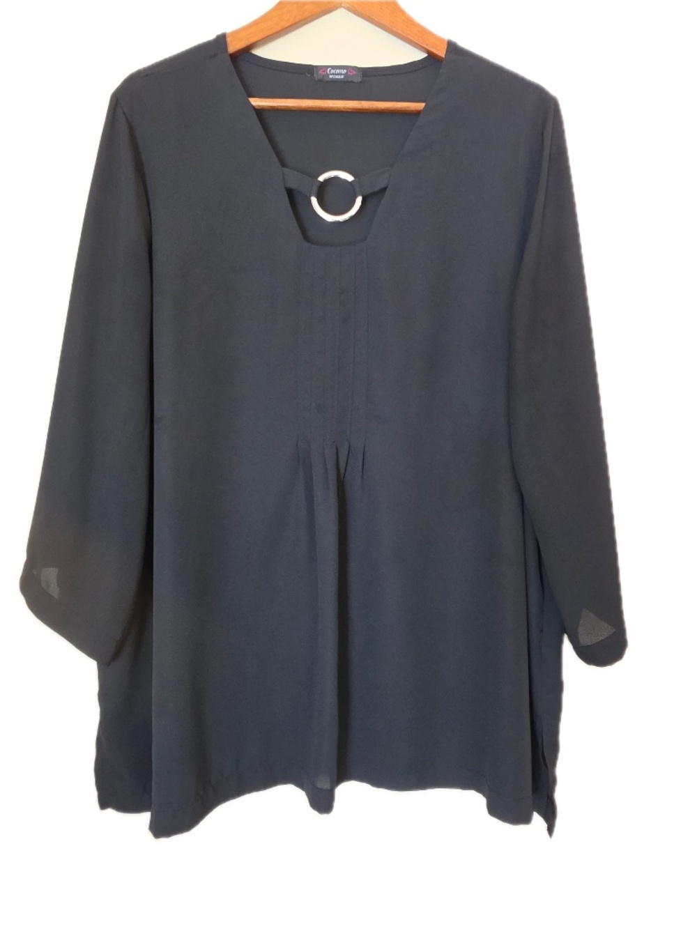 Cocomo Woman Blouse Womens L Black Tunic 3/4 Sleeve Square Neck Pleated Chiffon